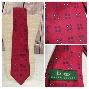 Ralph Lauren Red Silk Tie Necktie Hand finished Blue Square Textured Formal T